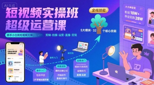 短视频实操班超级运营课，新手小白到短视频大神必修课程，剪辑-拍摄-运营-直播-变现-网创前栈