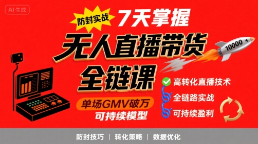 无人直播带货全链防封实战课，7天掌握高转化直播技术，实现单场GMV破万可持续模型-网创前栈