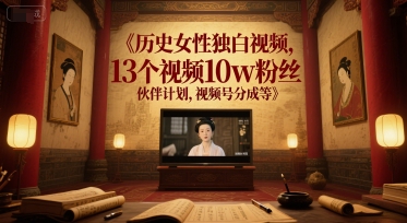 历史女性独白视频，13个视频10w粉丝，伙伴计划，视频号分成等-网创前栈