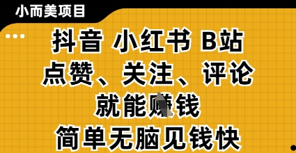 小而美的项目，抖音小红书B站视频点赞、关注、评论就能挣钱，简单无脑立见收益，妥妥的零撸项目【揭秘】-网创前栈