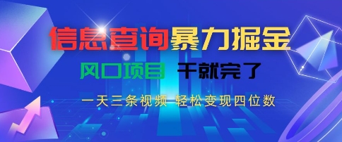 信息查询暴力掘金，一天三条视频，轻松变现四位数，风口项目干就完了【揭秘】-网创前栈
