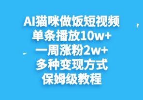 AI猫咪做饭短视频，单条播放10w+，一周涨分2w+，多种变现方式，保姆级教程-网创前栈