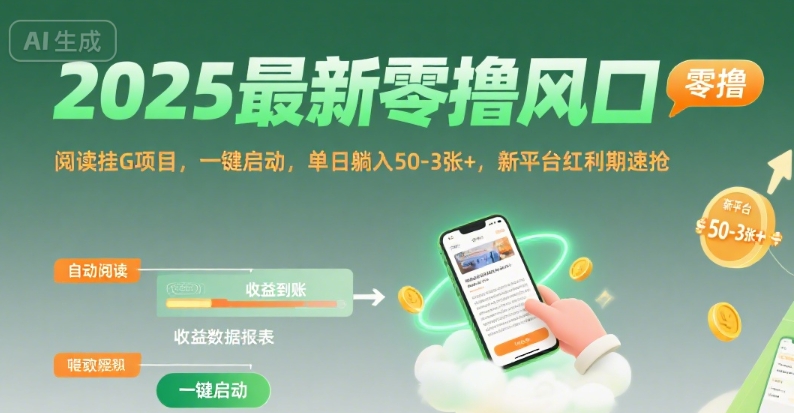 2025最新零撸风口，阅读挂G项目，一键启动，单日躺入 50-3张+，新平台红利期速抢【揭秘】-网创前栈