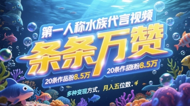 第一人称水族代言视频，条条万赞，20条作品涨粉7.8W，多种变现方式月入五位数-网创前栈