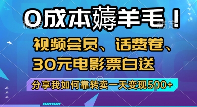 0成本薅羊毛!视频会员、话费卷、30元电影票白送，分享我如何靠转卖一天变现5张+【揭秘】-网创前栈