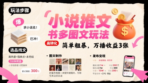 小说推文小红书多图文玩法，简单粗暴，万播收益3张-网创前栈