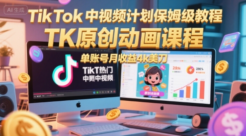 TikTok中视频计划保姆级教程，TK原创动画课程，单账号月收益4k美刀-网创前栈
