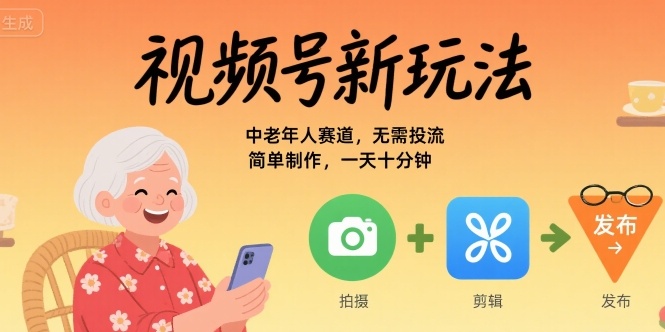 视频号新玩法，中老年人赛道，无需投流，简单制作，一天十分钟，月入1W-网创前栈