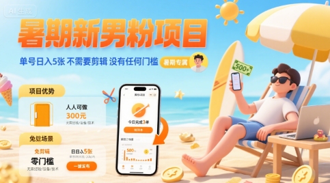 暑期新男粉项目 单号日入5张 不需要剪辑  没有任何门槛-网创前栈
