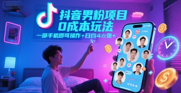 抖音男粉项目0成本玩法，一部手机即可操作，日均4张+，时间自由-网创前栈