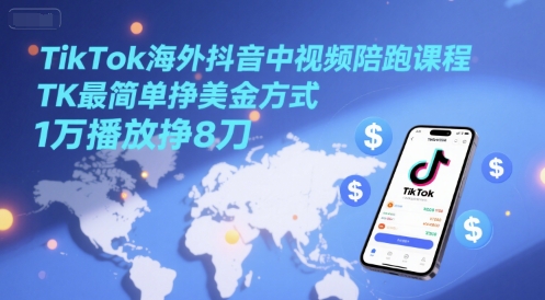 TikTok海外抖音中视频陪跑课程，TK最简单挣美金方式，1万播放挣8刀-网创前栈
