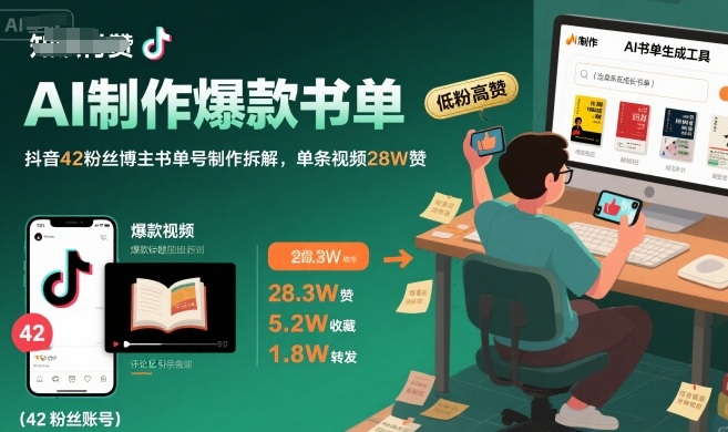 AI制作爆款书单，抖音42粉丝博主书单号制作拆解，单条视频28W赞-网创前栈